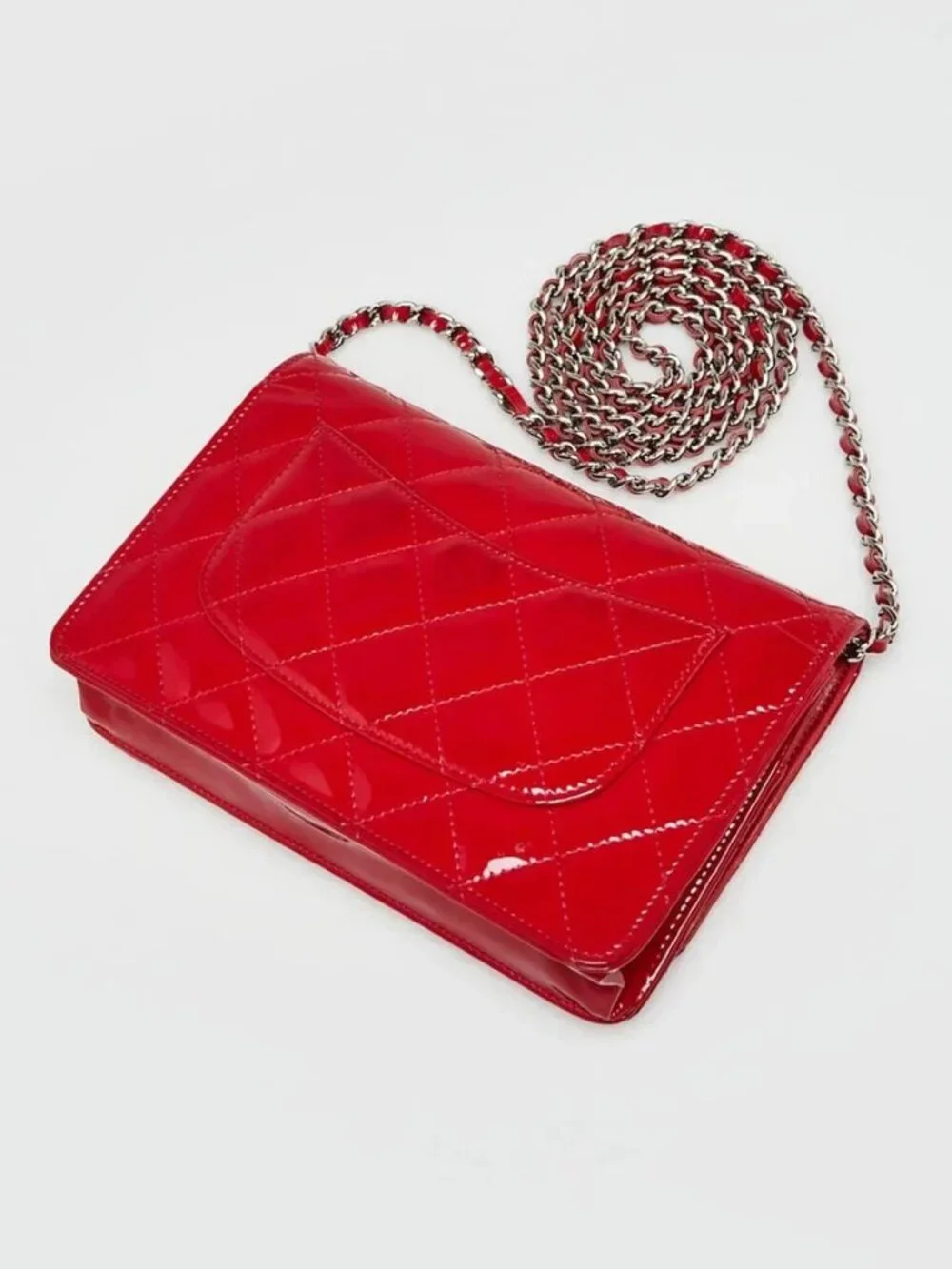 Chanel Red Quilted Patent Leather CC Classic WOC Clutch Bag